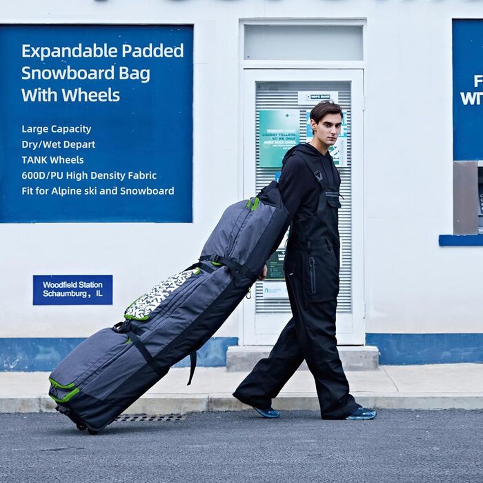 Сумка для сноуборда XCMAN з підкладкою та колесами, розширювана сумка-тележка для перевезення літаком, регульована довжина - наддовга/широка/глибока, водонепроникна, з захисними ребрами (зелена)