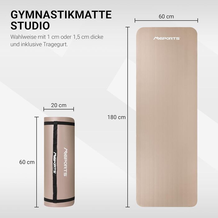 Фітнес-мат для йоги та гімнастики MSPORTS 183x61x1 см, бежевий, без фталатів, з ременями і постером