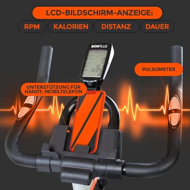 Велотренажер Bonplus BP - Indoor Fitness Bike з регулюванням навантаження та пульсометром, висота сидіння 76-98 см, маховик 10 кг