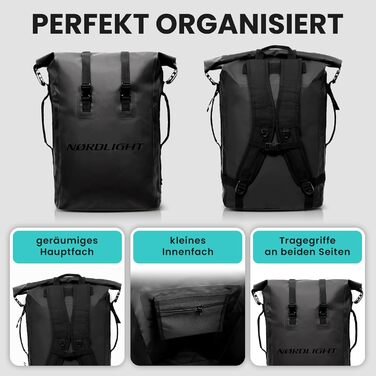 Водонепроникний рюкзак Nordlight Dry Bag 35л - Roll Top, з м'яким плечовим ременем, для водного спорту, велосипеда, кур'єра, трекінгу, риболовлі (Чорний, 35 л)