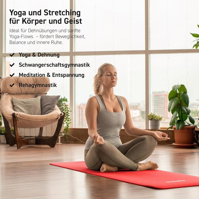 Фітнес-килимок MSPORTS Premium для йоги та гімнастики, 190 x 60 x 1,5 см, рубіновий червоний — гіпоалергенний, без фталатів, з ременем для перенесення та додатковими аксесуарами