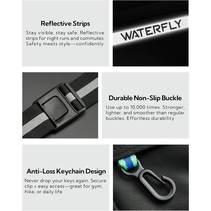 Поясна сумка для бігу WATERFLY: сумка на пояс для телефону, 4 кишені, для чоловіків та жінок, для фітнесу, спорту, бігу