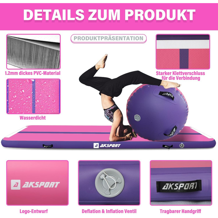 Airtrack AKSPORT з роликом для гімнастики: надувна килимок для дому, йоги, чеерлідингу, акробатики, ролінгів, 3м, рожевий