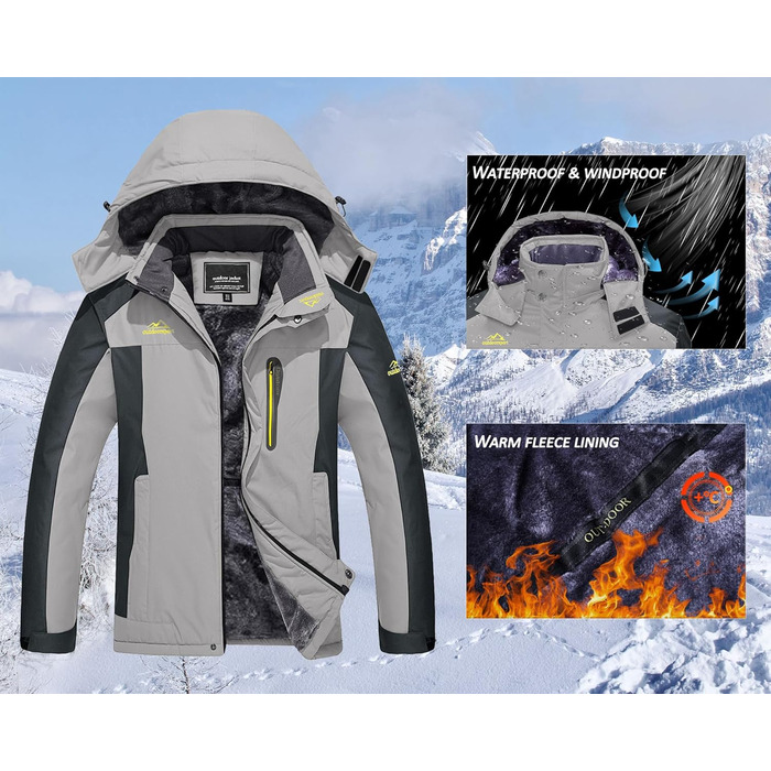 Зимова куртка KEFITEVD для чоловіків: водонепроникна, тепла, з підкладкою, для катання на лижах, на вулицю, вітронепроникна, дихаюча, функціональна куртка з відстібаною капюшоном, світло-сіра, XL