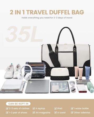 Сумка-мішок LOVEVOOK для жінок: дорожня, спортивна, з відділенням для взуття та мокрих речей, 2 шт. (35л, бежевий/чорний)