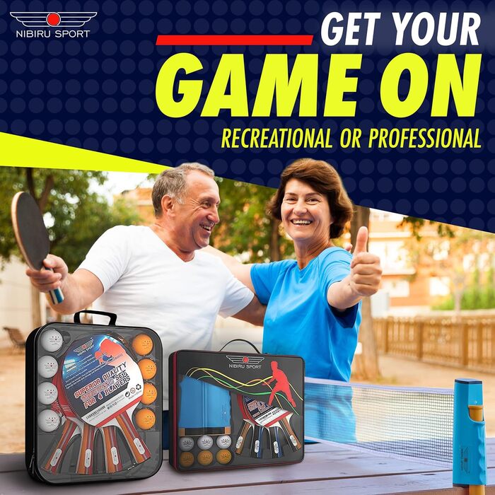 NIBIRU SPORT Професійний набір для настільного тенісу з регульованою сіткою, м'ячами та стійками (4 зірки). Комплектація: сітка, м'ячі, стійки, сумка для зберігання. Підходить для гри в приміщенні та на вулиці.