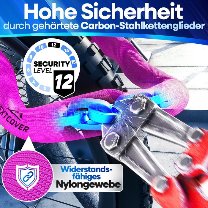 NEXTCOVER® LockPro: Захисний замок для велосипеда з кодовим замком - Оригінал - Високий рівень безпеки. Стале ланцюгове кріплення для велосипеда та електровелосипеда. Рожевий колір.