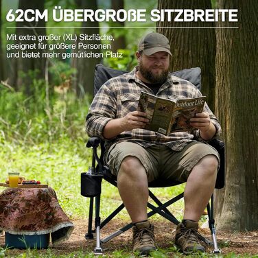 Складане кемпінгове крісло EVER ADVANCED, посилене (до 230 кг), ширина сидіння 62 см, м'яка підкладка, чорне