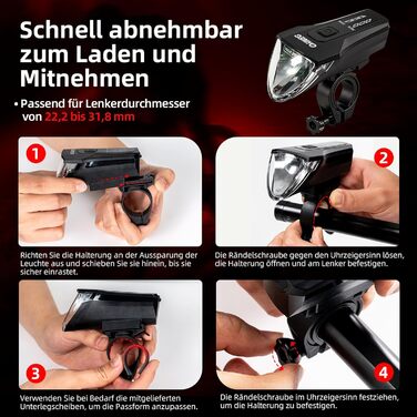 Передній велосипедний ліхтар Osram LED зі смарт-сенсором, 4 режими освітлення, USB-C зарядка, IPX4 вологозахист для міського велосипеда, електровелосипеда та MTB