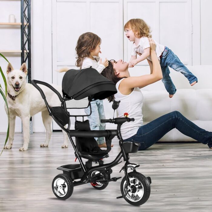 Триколісний велосипед 4-в-1 для дітей від 1 року з батьківською ручкою – чорний. Регульоване сидіння, обертовий сидіння, складна тента та кошик. До 25 кг, 1-4 роки
