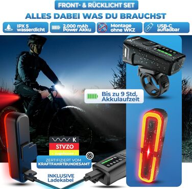 Набір велосипедних ліхтарів MIVELO з акумулятором, сертифікований StVZO, USB-зарядка, водонепроникність, передній та задній ліхтар, клас енергоефективності A+++ SMART Ultimate з гальмівним ліхтарем