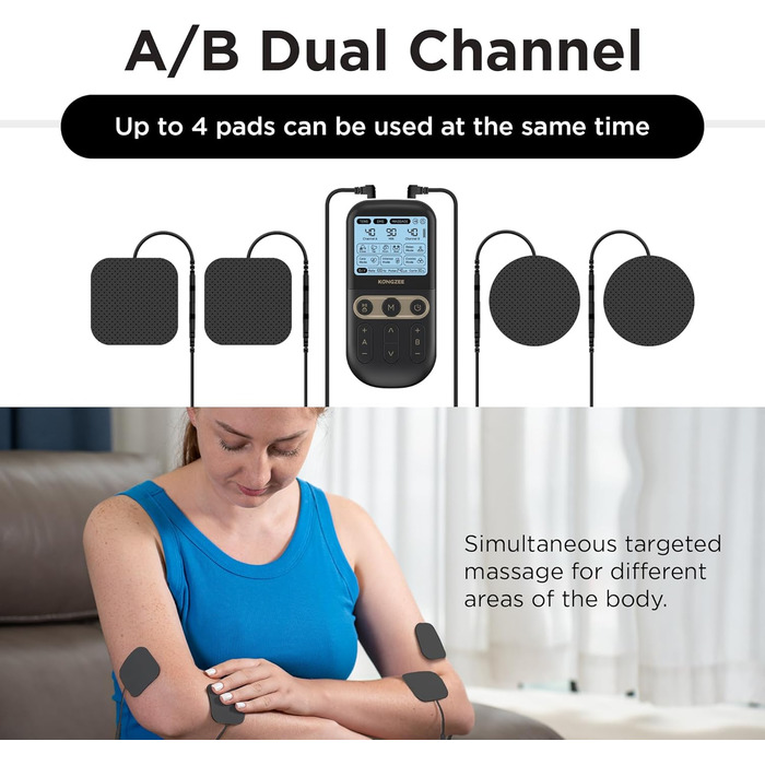 Пристрій 4-в-1 для домашнього майстерності EMS: масаж, стимуляція м'язів та нервів. Двоканальний TENS-терапевтичний пристрій для зняття болю, схвалений FDA, з 12 електродних подушечок. Чорний