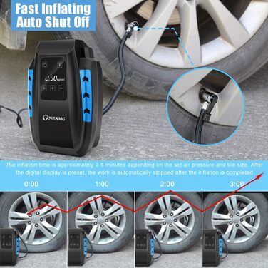 OneAmg 12V автомобільний компресор, цифровий портативний насос для шин, 150 PSI, з сенсорним екраном, 3 м шнур, синій