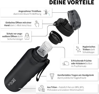 Спортивна пляшка 720°DGREE 'uberBottle' 1.5л з контейнером для фруктів - Tritan, BPA-Free, чорний Softtouch | Для фітнесу, занять спортом, подорожей
