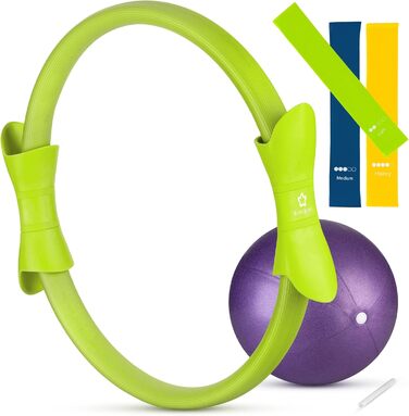 Набір для пілатесу BINIBINI®: кільце, м'яч та фітнес-гумки - 5-ти елементний комплект для дому - включає м'яч для йоги та 3 гумки Terra Band