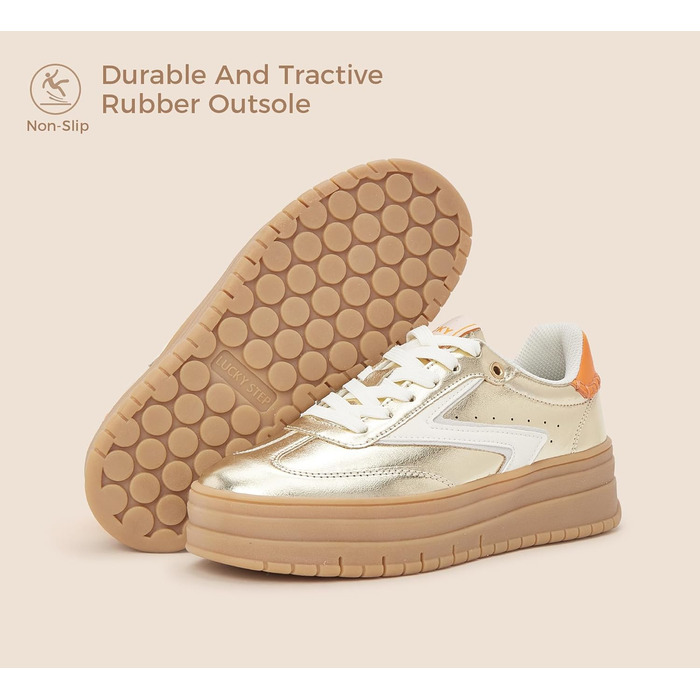 Жіночі туфлі на платформі Lucky Step з замші та гумовою підошвою, золотисті - ретро дизайн для тенісу та повсякденного носіння, 38 EU