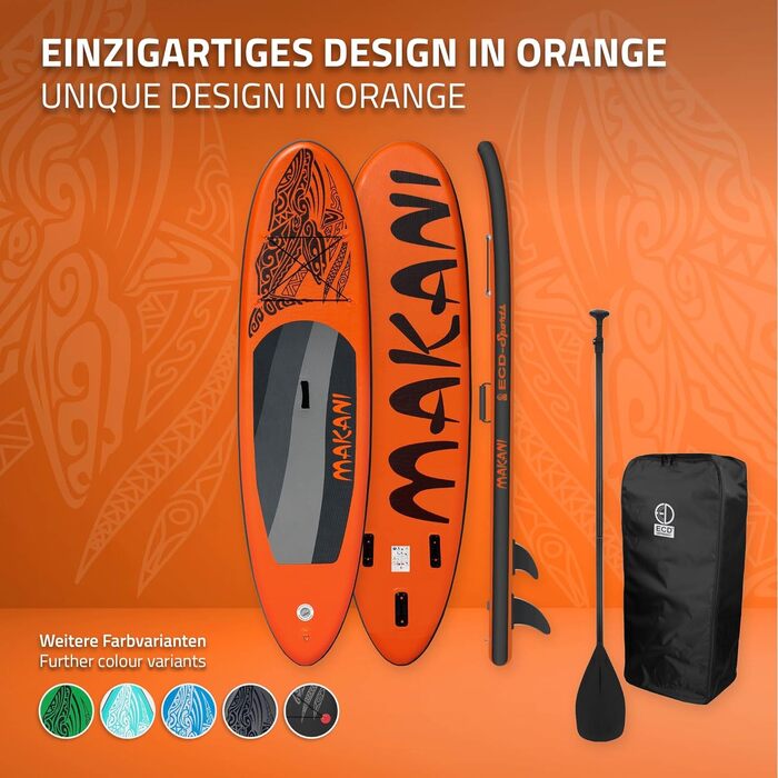 Надувна SUP-дошка ECD Germany Makani 305/308/320/380 см, PVC, до 120/150 кг, товщина 10/15 см, з каяк-сидінням, комплект із сумкою, веслом, для серфінгу та веслування, помаранчева