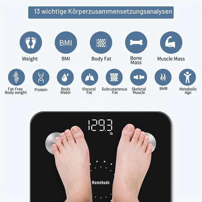 Розумні ваги Homebud з аналізом складу тіла та жиру, синхронізація з додатком (13 показників), LED-дисплей, до 182 кг, чорний