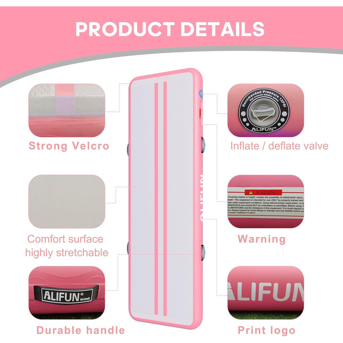 ALIFUN Гімнастичний надувний мат для гімнастики та акробатики надувний, 2м/3м/4м/6м, 10/20см заввишки, з насосом, для дому, фітнесу, тренувань, чирлідингу, басейну, рожевий, 300x100x20 см