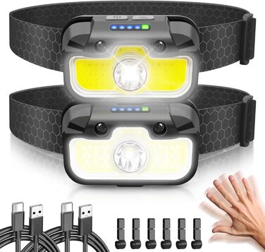 Налобний ліхтар Hyted LED перезарядна, USB-C, з функцією пам'яті, датчик, 2 шт., 2000 люменів, 14 режимів, IPX5, водонепроникний, для бігу, риболовлі