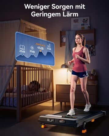Бігова доріжка AnyLife з регулюванням нахилу, компактний, тихий, LED-дисплей, для дому, чорний, до 150 кг