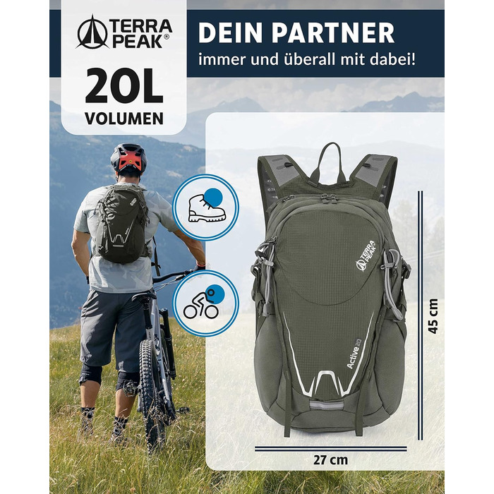 Туристичний рюкзак 20 л Wanderrucksack Active 20 Premium, з вентильованою спинкою, дощовиком та кріпленням для питної системи, з дихаючої сітки 3D Air Mesh, з поясним ременем, оливковий