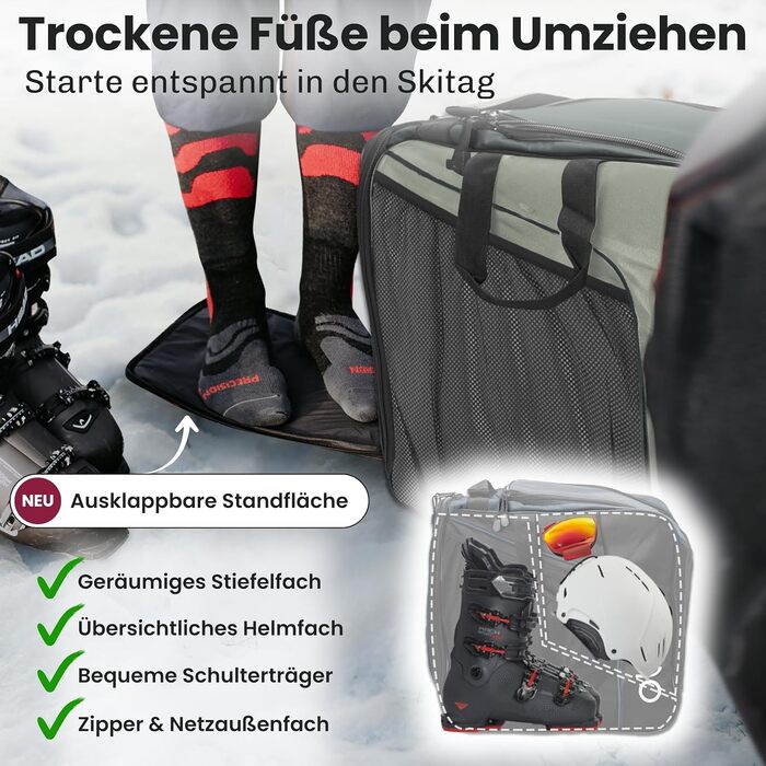 Набір мішок для лиж та лижних черевиків Otaro | Мішок для лиж на 1 або 2 пари | Регульована довжина, водовідштовхувальний, міцні блискавки, м'який плечовий ремінь, зелений (світло-сірий)