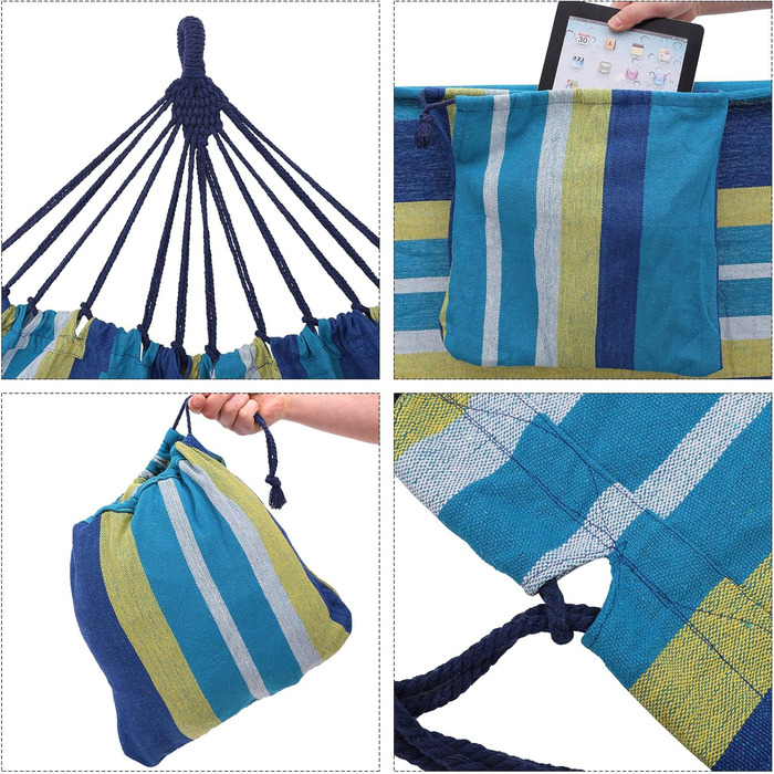 Подвійна гамак SONGMICS, 249x150 см, 136 кг, з сумкою, ременями, карабінами, для тераси, балкона, саду, відпочинку на природі, кемпінгу, блакитно-жорий