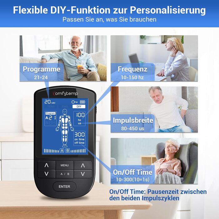 Пристрій TENS/EMS Comfytemp K6106 з 4 каналами та 8 електродами для терапії болю та масажу, 24 режими, 10 електродів