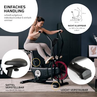 Велотренажер SportPlus Profi Air Bike з повітряним опором, HIIT, до 135 кг, чорний/червоний, сумісний із додатком, домашній фітнес