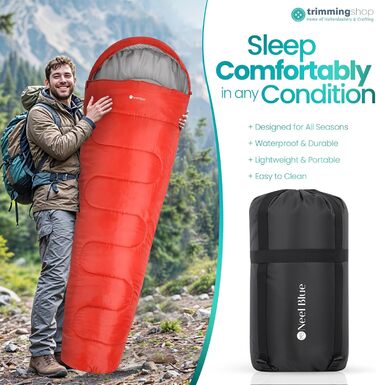 Спальний мішок Mumienschlafsack для дорослих - легкий, компактний, водонепроникний з капюшоном, 220x85 см, для кемпінгу, походів, подорожей (червоний)