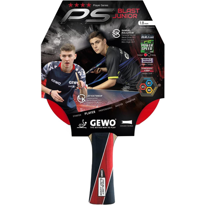 Дитяча ракетка для настільного тенісу GEWO PS Blast Junior, ITTF, для початківців, з контролем і високим обертанням, 1,8 мм губка, конкавна ручка