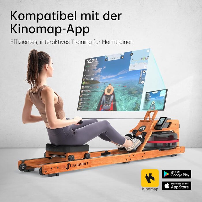 Складальний гребний тренажер R3 з дубового дерева, з Bluetooth LCD-дисплеєм, підтримкою Kinomap, баком для води 28л, ергономічним сидінням та тримачем для планшета, до 150 кг