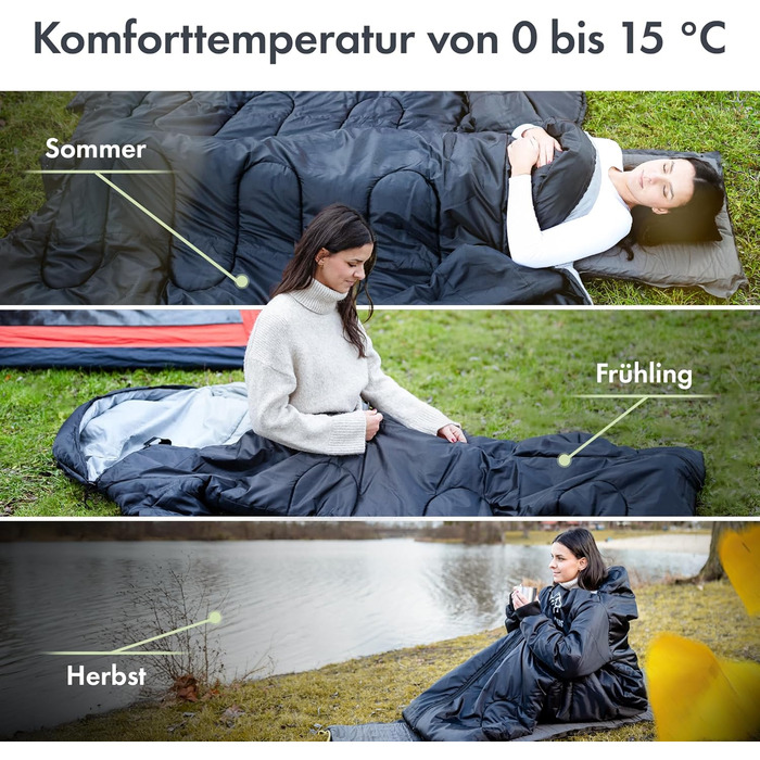 Спальний мішок з рукавами Nature Rovers – дорослий, для кемпінгу та відпочинку на природі (3 сезони), водонепроникний, з отворами для ніг, включає подушку, чорний