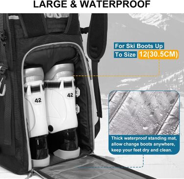 Чохол для лижних черевиків з відділенням для шолома, 65L туристичний рюкзак для лиж, водонепроникний мішок для лиж, сноуборду, лижного спорядження (чорний)