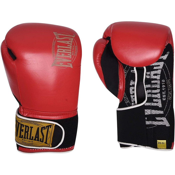 Боксерські рукавички Everlast 1910 Classic з натуральної шкіри, для тренувань з мішком та лапами, на липучці, потрійна амортизація, ергономічне зчеплення – Оригінальні Everlast RED 16OZ