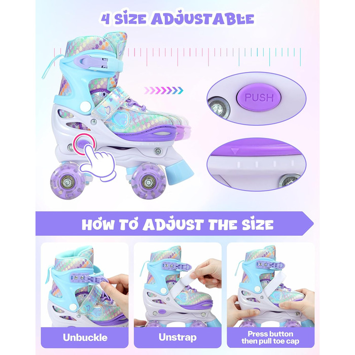 Дитячі ролики Sportneer з захистом, регульовані ролики з 8 світлими колесами, для дівчаток, дітей, підлітків, початківців, для занять в приміщенні та на вулиці, фіолетовий S (EU 30-33)