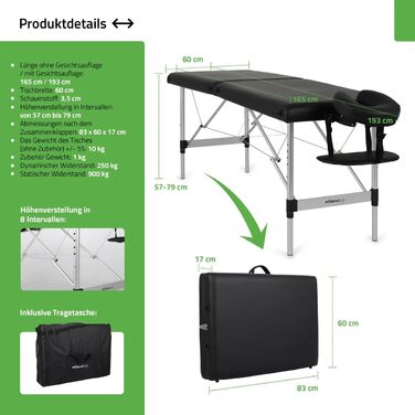 Масажний стіл HABYS Sofia Light Massageliege: складаний, дерев'яний, 2 зони, 185x60x85 см, до 250 кг, з підлокітниками, підголовником, сумкою, сертифікат MDR, бежевий (чорний)