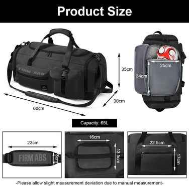 Спортивна сумка Flintronic 65L для тренувань та подорожей з відділенням для взуття та мокрих речей, функцією рюкзака та тримачем для валізи, чорна