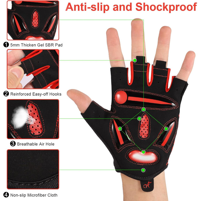 Велосипедні рукавички для чоловіків та жінок, напівпальцеві, дихаючі, SBR гель, антиковзкі, амортизуючі, для шосе, MTB, велосипеда (червоні M)