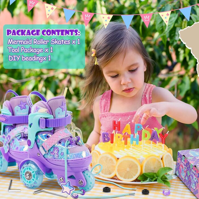 Дитячі ролики Meerjungfrau для дівчаток, 4 розміри, регульовані, з підсвічуванням, 3 колеса, фіолетовий