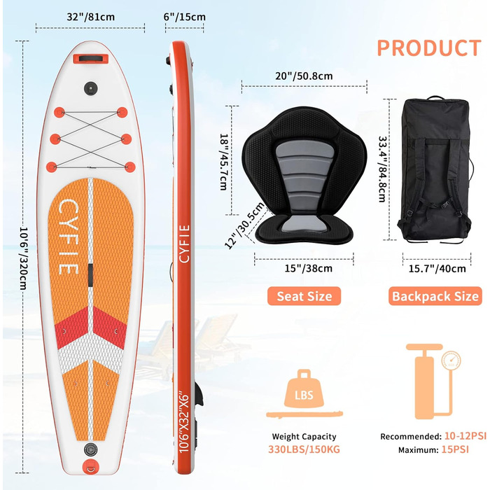 Надувна SUP-дошка CYFIE 320x81x15 см, комплект аксесуарів, сидіння для каяка, для дітей і дорослих, максимальне навантаження 150 кг