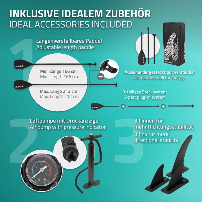 Надувна SUP-дошка ECD Germany Makani 305–380 см, PVC, до 150 кг, товщина 10/15 см, з сидінням для каяка, комплект сумка, весло, зелена
