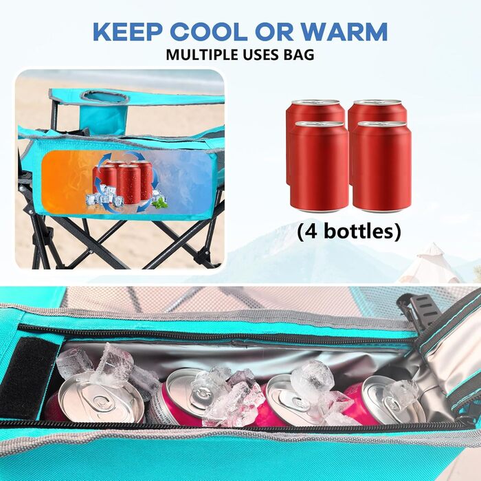 Крісло для кемпінгу Poeopore складне з підставкою для ніг, 4-х секційне, для відпочинку на пляжі та риболовлі, витримує до 120 кг, з кишенькою-холодильником, подушкою та тримачем для напоїв, блакитне