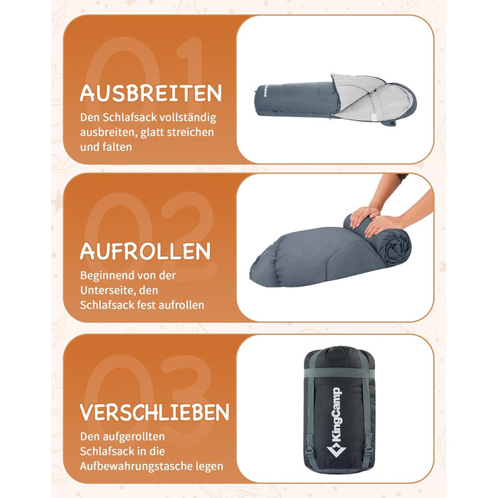 Сплячий мішок KingCamp для дітей та дорослих, 3-4 сезони, двошаровий, теплий, сірий, для кемпінгу та походів, 165x70x45 см