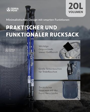 Рюкзак Terra Peak 20 л з вентильованою спинкою, питною системою та дощовиком, туристичний міський рюкзак з поясом для походів, синій