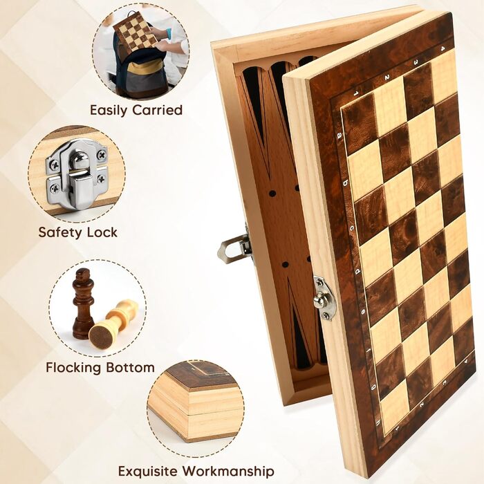 Шаховий набір з дерева 3 в 1: шахи, шашки, настільна гра. Преміум якість, складаний, для дітей та дорослих. Розмір 34 см.