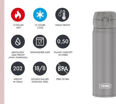 Термос-пляшка Thermos Ultralight 0,5 л нержавіюча сталь, матова, збереження температури 10 год гарячого / 20 год холодного, герметична, для води та чаю, BPA-free