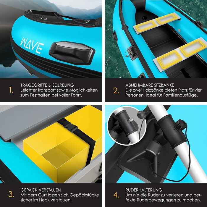 Надувне човен KESSER® 3.20 м на 4 особи - Wave Motor, для відпочинку, риболовлі, з 2 лавками, ремкомплект та сумка, блакитно-чорний PVC