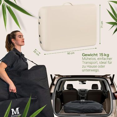 Масажне ліжко MASSUNDA Mobile Comfort Deluxe – розкладне, регульоване по висоті, широке, з дерев'яною основою, з підголовником, підлокітниками, подушкою (кремовий)